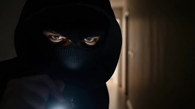 Caucasian man in ski mask with flashlight lurking in dark corridor for house robbery concept