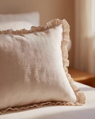 Close up of neutral pillow fabric featuring subtle ruffle edges, showcasing texture and softness, perfect for home decor and interior design inspiration