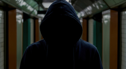 Man in dark hoodie standing in a dim subway corridor with concealed face
