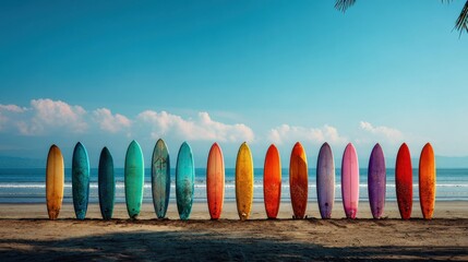 Row of colorful surfboards standing on a tropical sandy beach against a blue sky background