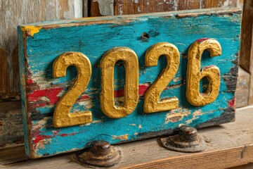Colorful rustic wood sign with gold numbers 2026 on weathered turquoise board for new year
