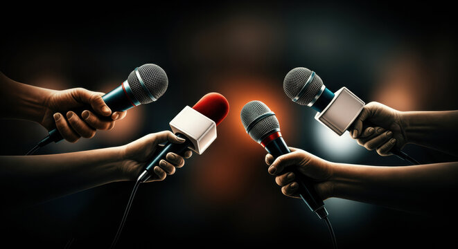 Microphones held by multiple hands around a dark blurred center for press interviews