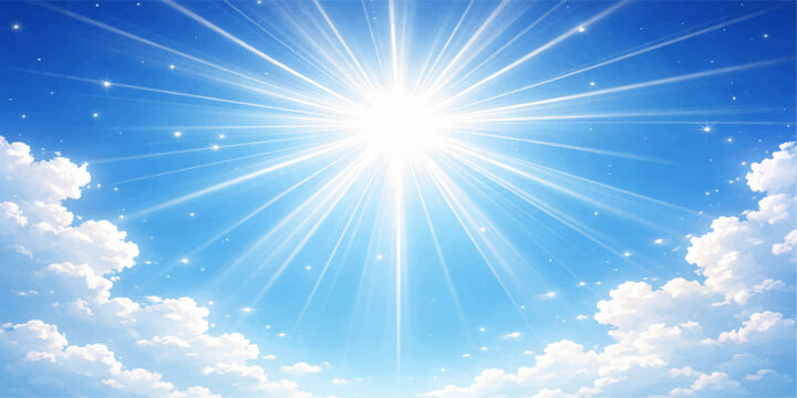 Bright blue sky with white clouds and the summer sun shining with golden rays and a bright lens flare against a natural weather backdrop