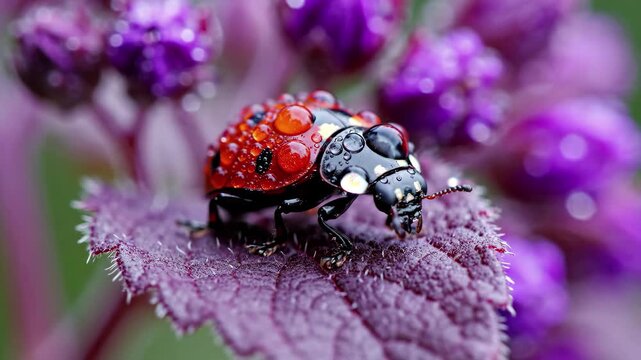 Macro shot of a ladybug covered in water droplets resting on a textured purple leaf with blurred purple flowers in the background