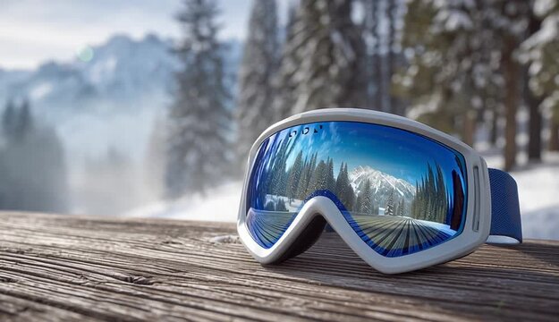 White and blue ski goggles lying on weathered wooden planks, mountain landscape with snowy peaks and evergreen trees reflected in curved mirror lens