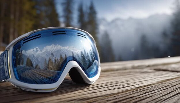 White and blue ski goggles lying on weathered wooden planks, mountain landscape with snowy peaks and evergreen trees reflected in curved mirror lens