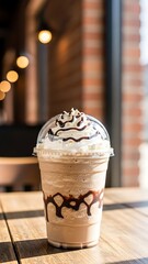Mocha frappe with whipped cream and chocolate syrup in a plastic cup on a wooden table