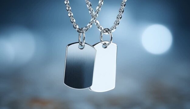 Empty silver dog tags suspended on stainless steel bead chain, two military ID tags overlapping