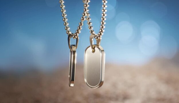 Empty silver dog tags suspended on stainless steel bead chain, two military ID tags overlapping
