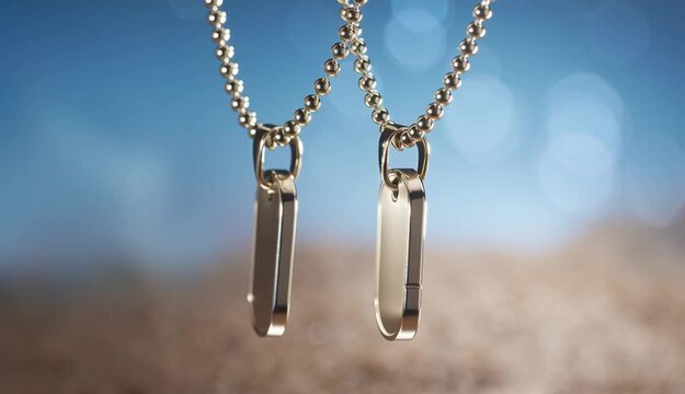 Empty silver dog tags suspended on stainless steel bead chain, two military ID tags overlapping