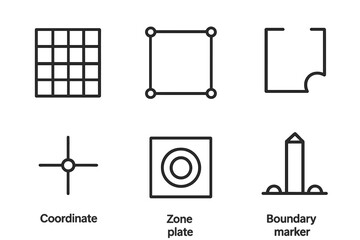 Land Vector Icons. Line vector icons of simulated land area: grid field, perimeter line, plot corner, coordinate dot, zone plate,