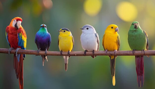 Six colorful tropical birds perched in a row on a wooden branch, from left to right: red and yellow parrot
