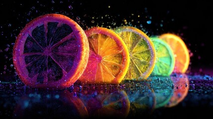 Neon-lit citrus slices in vibrant rainbow colors