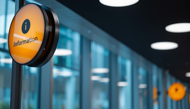 illuminated yellow-orange circular information sign with black lowercase letter text "i" icon in center
