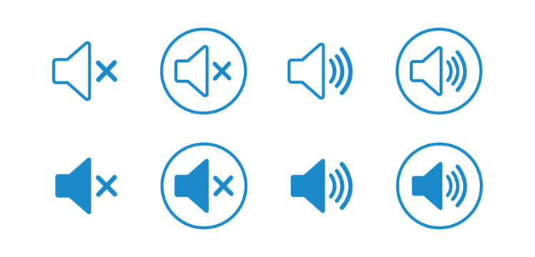 Sound Icon Set Blue Outline and Filled volume audio isolated on transparent background