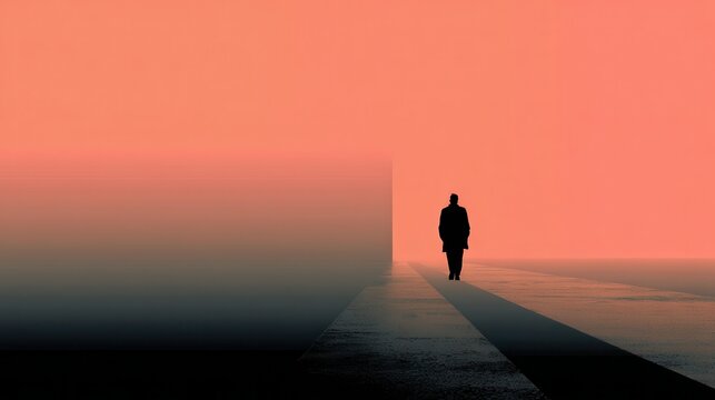 Silhouette of a lone man walking in a foggy minimalist landscape with a peach orange sky - Powered by Adobe