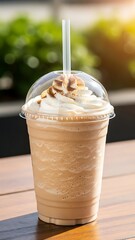 tall plastic cup with whipped cream on top and straw