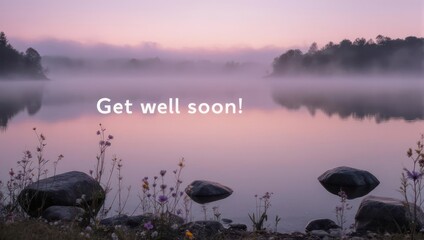 Get Well Soon card with a tranquil misty lake at sunrise.