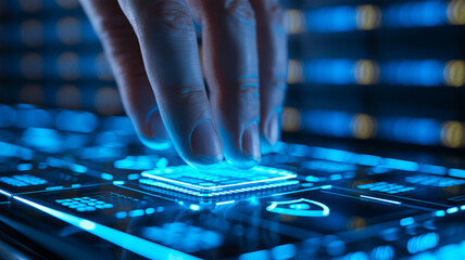 Human Finger Touching Glowing Microchip, Futuristic Artificial Intelligence and Cyber Technology Concept