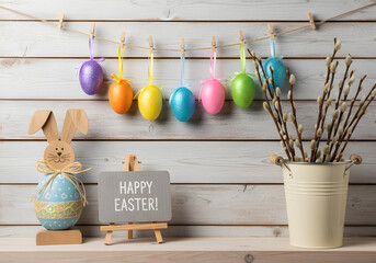 Colorful Easter Egg Garland and Rustic Wooden Bunny Decor