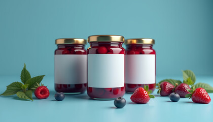 Mockup of a glass jar with berry jam and a blank label for placing a logo or signature