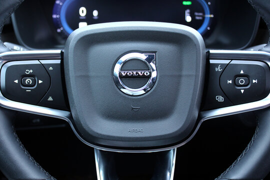 Vinnytsia, Ukraine; December 6, 2025. Volvo C40 steering wheel. Close up Volvo steering wheel. Sweden SUV Volvo C40 leather interior. Volvo C40 dashboard. Sweden SUV interior. 
