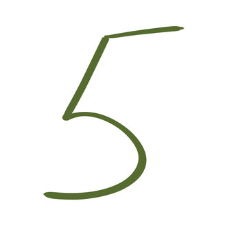 Hand drawn green number 5, doodle handwritten numeral isolated on transparent background