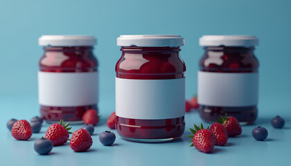Mockup of a glass jar with berry jam and a blank label for placing a logo or signature