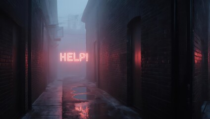 Gloomy Alleyway with Neon Help Sign - A Desperate Plea for Assistance.