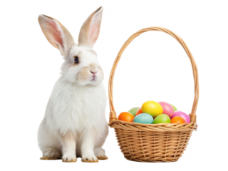A fluffy, adorable white and brown Rex rabbit with attentive dark eyes and soft fur sits attentively beside a traditionally woven, light-brown wicker basket, isolated on transparent background.