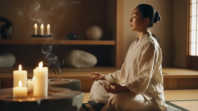 A tranquil woman in a traditional robe sits in a meditative pose, surrounded by lit candles and wisps of incense smoke, evoking peace and mindfulness in a richly textured room.