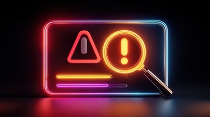 Cyber security and risk assessment concept featuring neon glowing warning icons and magnifying glass on dark background
