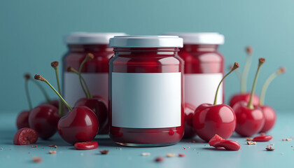 Mockup of a glass jar with berry jam and a blank label for placing a logo or signature
