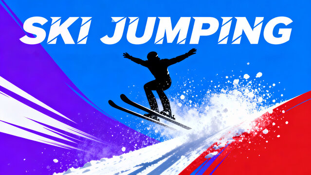 Ski jumping poster with silhouette of skier and text, logo illustration banner winter sports 
