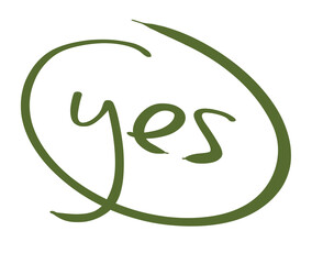 Hand drawn green YES text in brush circle, doodle handwritten lettering isolated on transparent background