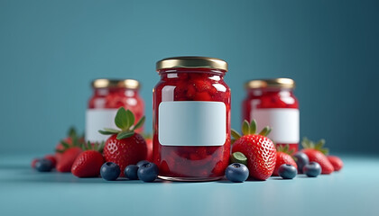 Mockup of a glass jar with berry jam and a blank label for placing a logo or signature
