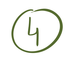 Hand drawn green number 4, doodle handwritten numeral isolated on transparent background