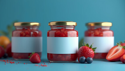 Mockup of a glass jar with berry jam and a blank label for placing a logo or signature