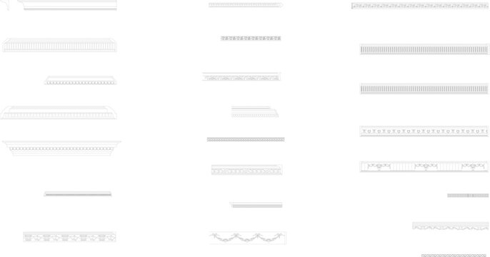 Technical vector set of architectural border moldings, featuring ornate friezes, decorative trims, and horizontal reliefs.