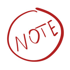 Hand drawn red NOTE text in a brush circle, doodle label isolated on transparent background