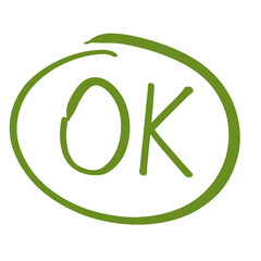Hand drawn OK text, simple green doodle lettering isolated on transparent background