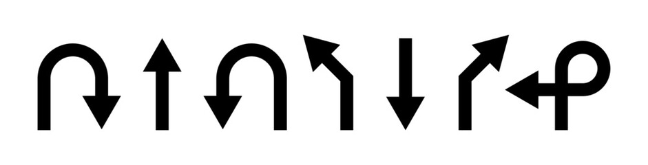 Road direction arrow PNG icons showing turn, merge and straight routes. Circular navigation marks for driving maps and wayfinding vector set