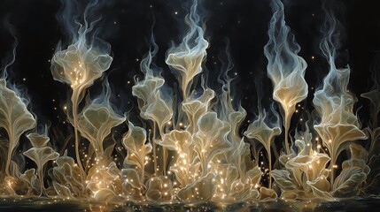 Luminous wisps of light shaping lively ethereal forms against a dark background with glowing particles with abstract and fantasy and surreal