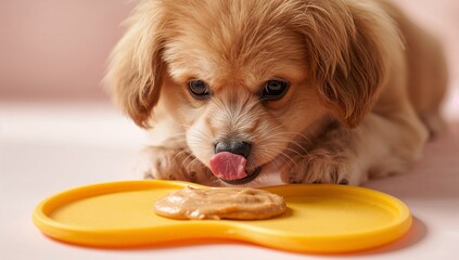 Plakat Dog Licks Peanut Butter Cookie on Orange Mat While Sitting on Table in Indoor Setting