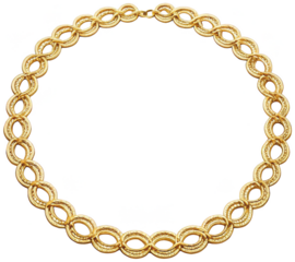 Intricate, textured golden chain link circle with a slightly tarnished metallic sheen gracefully curves around a central void, appearing as a decorative frame or, isolated on transparent background.