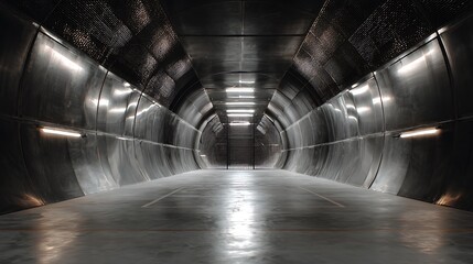 Metallic industrial tunnel with bright lights and mesh gate at the end for industrial or technological use with technology and infrastructure