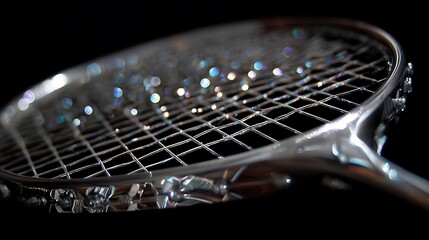 Close up of a metallic tennis racket with sparkling strings on a dark background with sports equipment and product photography and tennis gear
