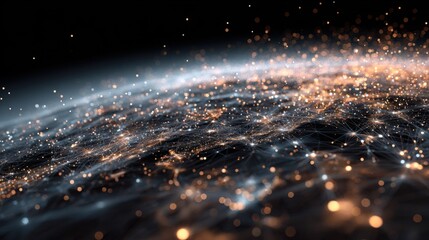 The Earth is depicted at the center, surrounded by a network of interconnected lines representing global connections.