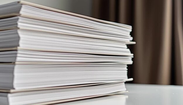 Stack of thick magazines or catalogs with visible page edges on white desk surface, side view showing layered paper thickness