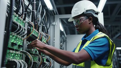 Female technician in hard hat and safety glasses working on complex industrial electronic circuit boards and wiring in a control panel